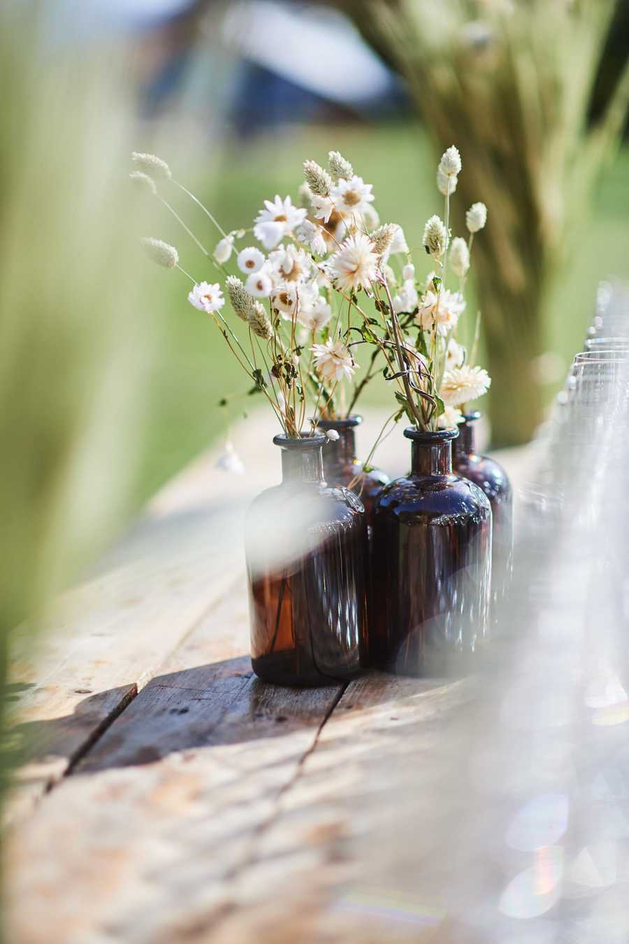 dried flowers in brown vases